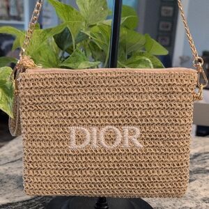 Dior Beige Woven Raffia Wristlet with 2 Crossbody Straps: Gold & Pearl